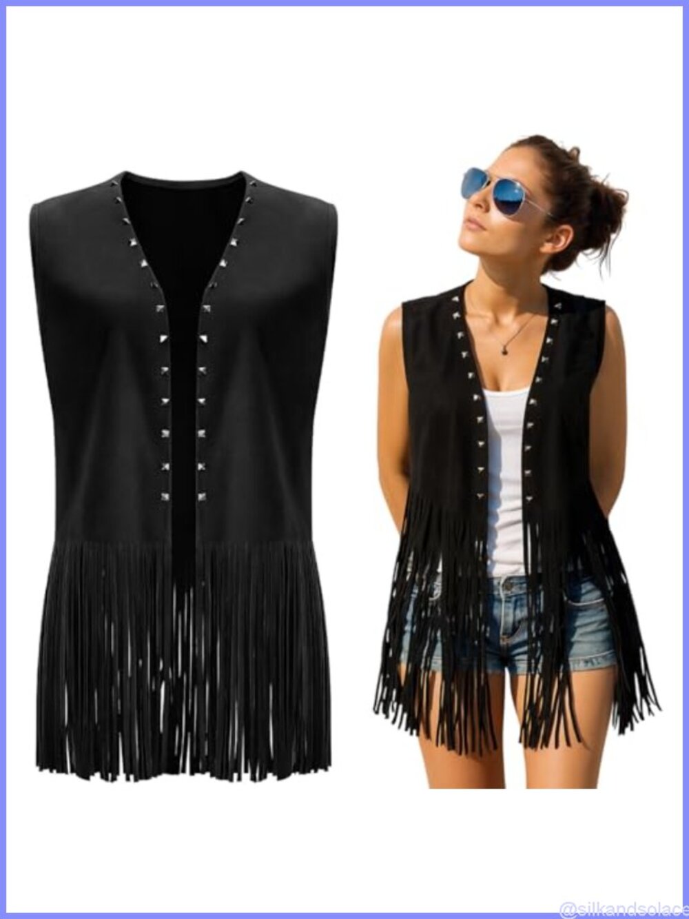 Western Fringe Vest Women 70s Hippie Cowgirl Faux Suede Tassel Sleeveless Black